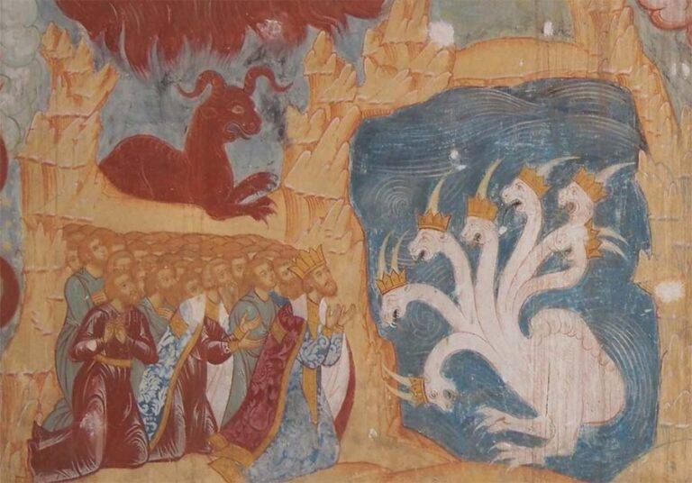 666: John’s visions from the Book of Revelations, including the awkward creature with seven heads and ten horns. Source: Dion Art / CC BY-SA 4.0.