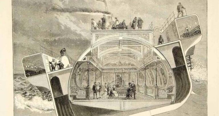 The interior of the SS Bessemer with the gimballed passenger cabin. Source: J R Brown / Public Domain.