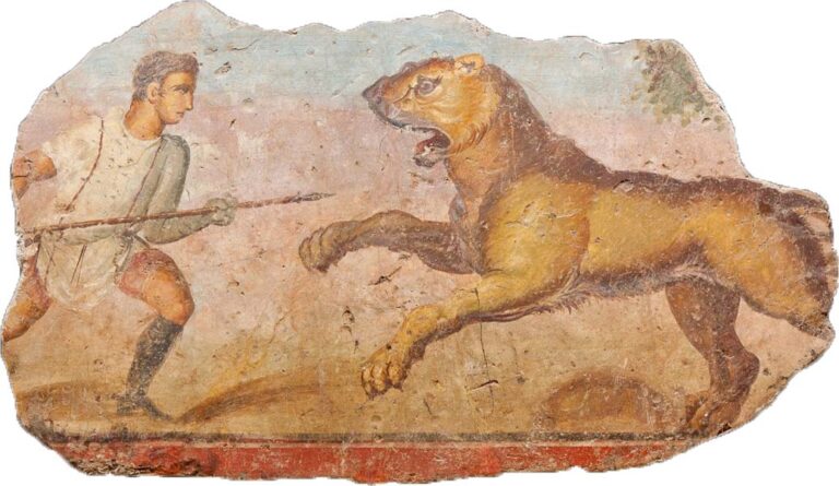 Mérida amphitheatre, Spain; mural of beast hunt, showing a venator (or bestiarius) and lioness.  [Public Domain]