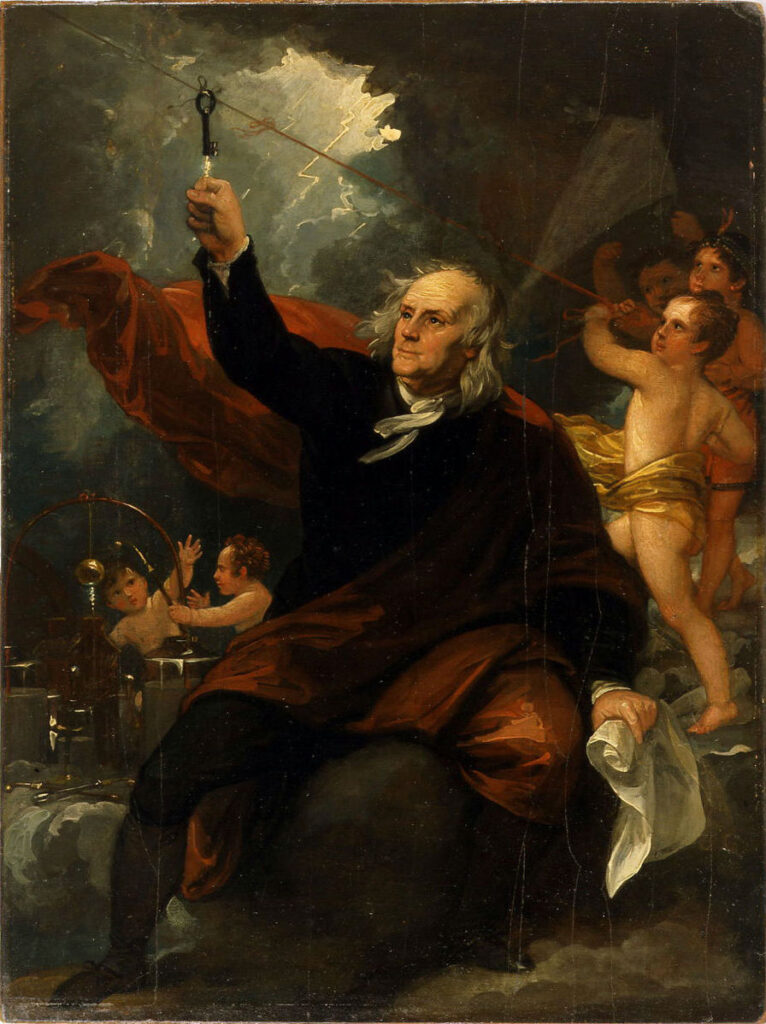 A fantasy-based painting of Benjamin Franklin harnessing the energy of lightning. By Benjamin West (1738-1820). Circa 1816. Source: Public Domain.