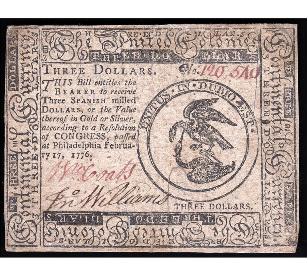 Three Spanish-milled dollars banknote (Continental Currency) from the American Revolution. Source: Public Domain.