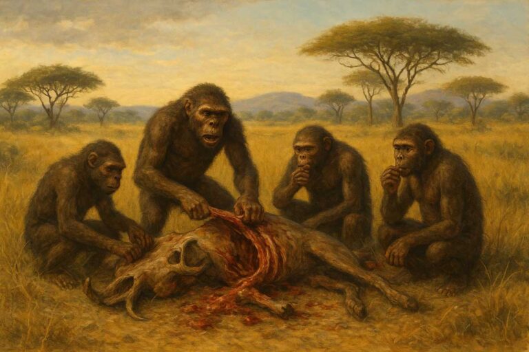 Early hominins scavenging a large mammal carcass in an Africa