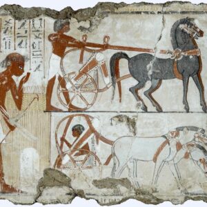 New Kingdom wall painting from the Tomb of Nebamun showing an archer and horse-drawn chariots