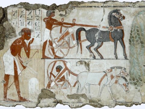 New Kingdom wall painting from the Tomb of Nebamun showing an archer and horse-drawn chariots