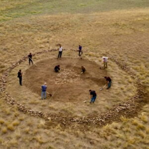 Aerial view of the circular stone-ringed Kurgan No. 4 excavation at Keshikchidagh, Azerbaijan
