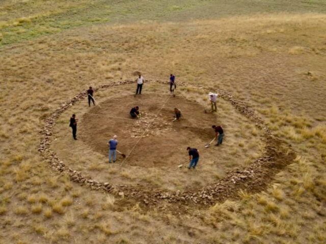 Aerial view of the circular stone-ringed Kurgan No. 4 excavation at Keshikchidagh, Azerbaijan